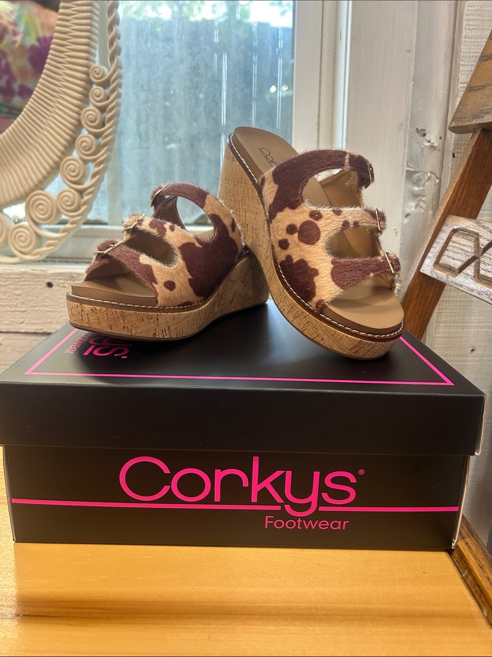 Corkys Brown and Cream Cowhide Cork Wedge Sandals